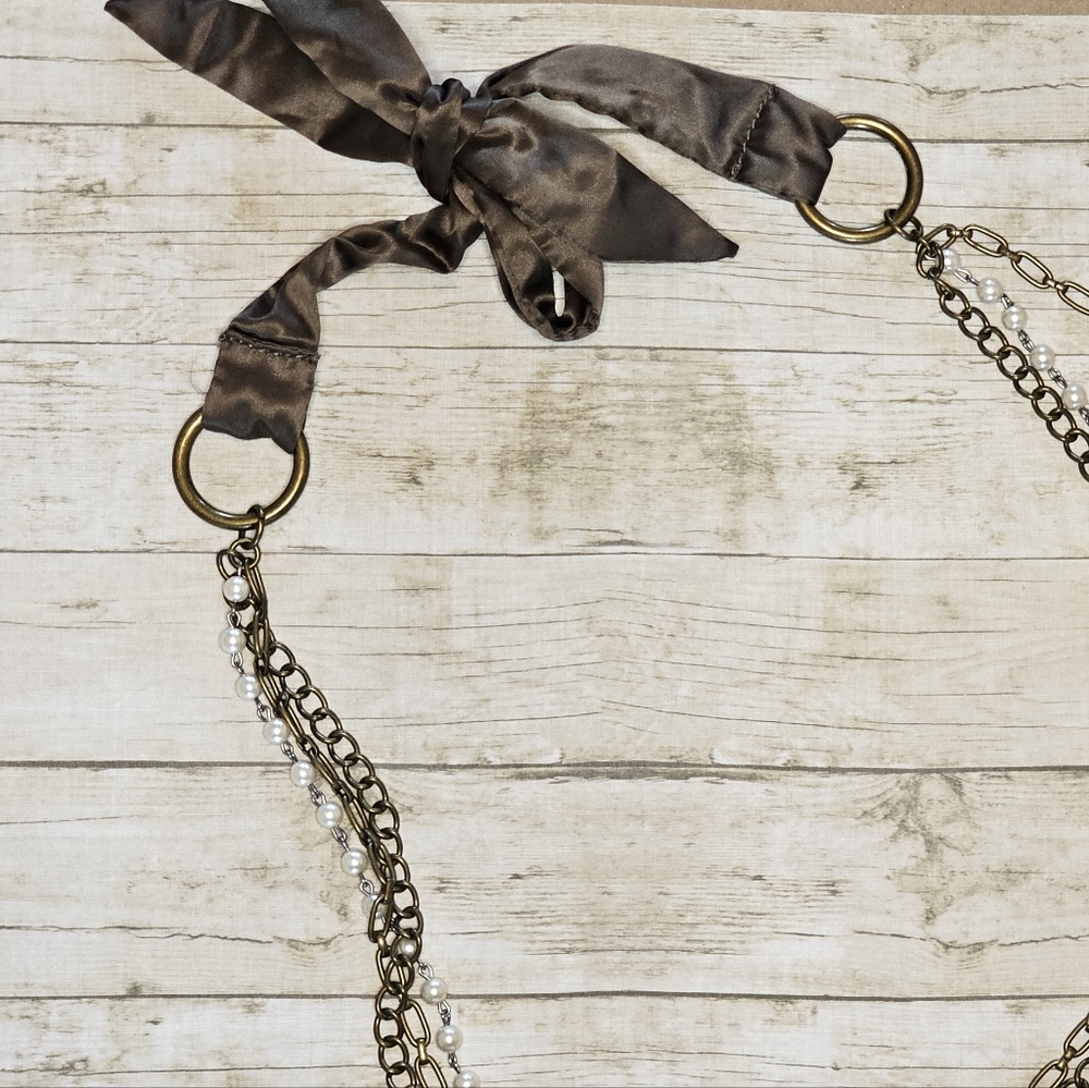 [AEO] Vintage Women's Belt OR Necklace ⭐️ Chain & Pearl Brown Ribbon Loop Tie - Picture 9 of 16